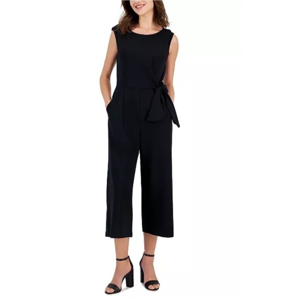 Tahari ASL Black Sleeveless Side Tie Cropped Jumpsuit Wide Leg Size 12 NWT